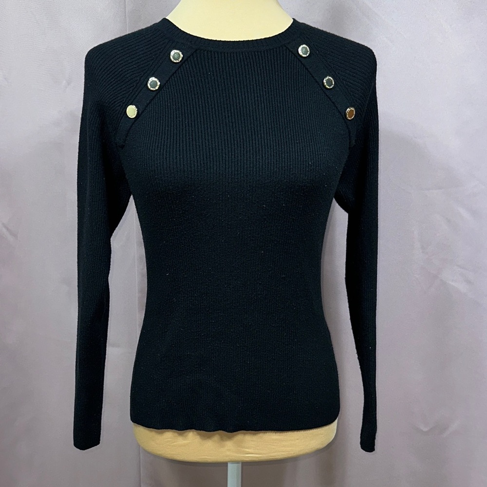 Andrew Marc Black Ribbed Crewneck Sweater with Shoulder Buttons